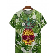 Men's Hawaiian Tropical Leaves Pineapple Skull Short Sleeve T-Shirt