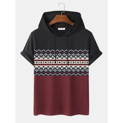 Mens Ethnic Pattern Hem Cuff Hooded T  Shirts