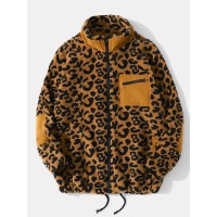 Men Leopard Fleece Patch Pocket Stand Collar Drawstring Hem Jackets