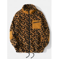 Men Leopard Fleece Patch Pocket Stand Collar Drawstring Hem Jackets